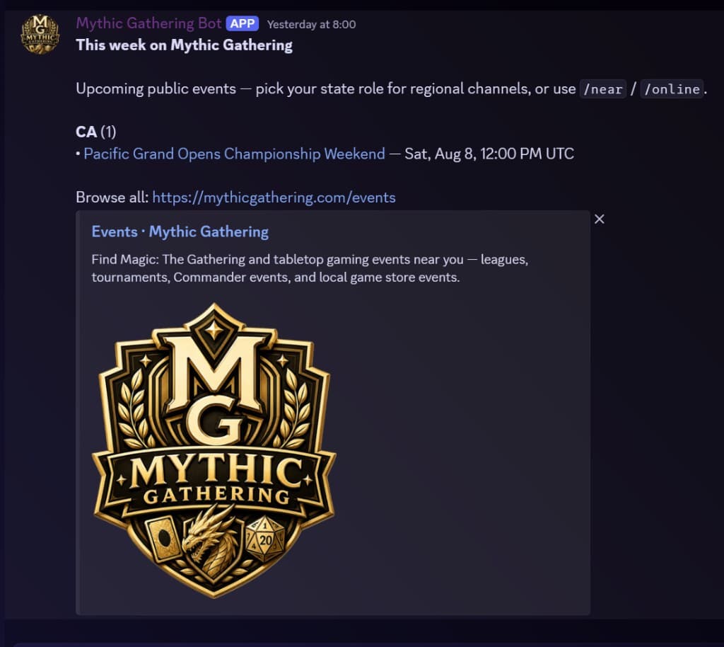 Mythic Gathering Bot announcing events in Discord